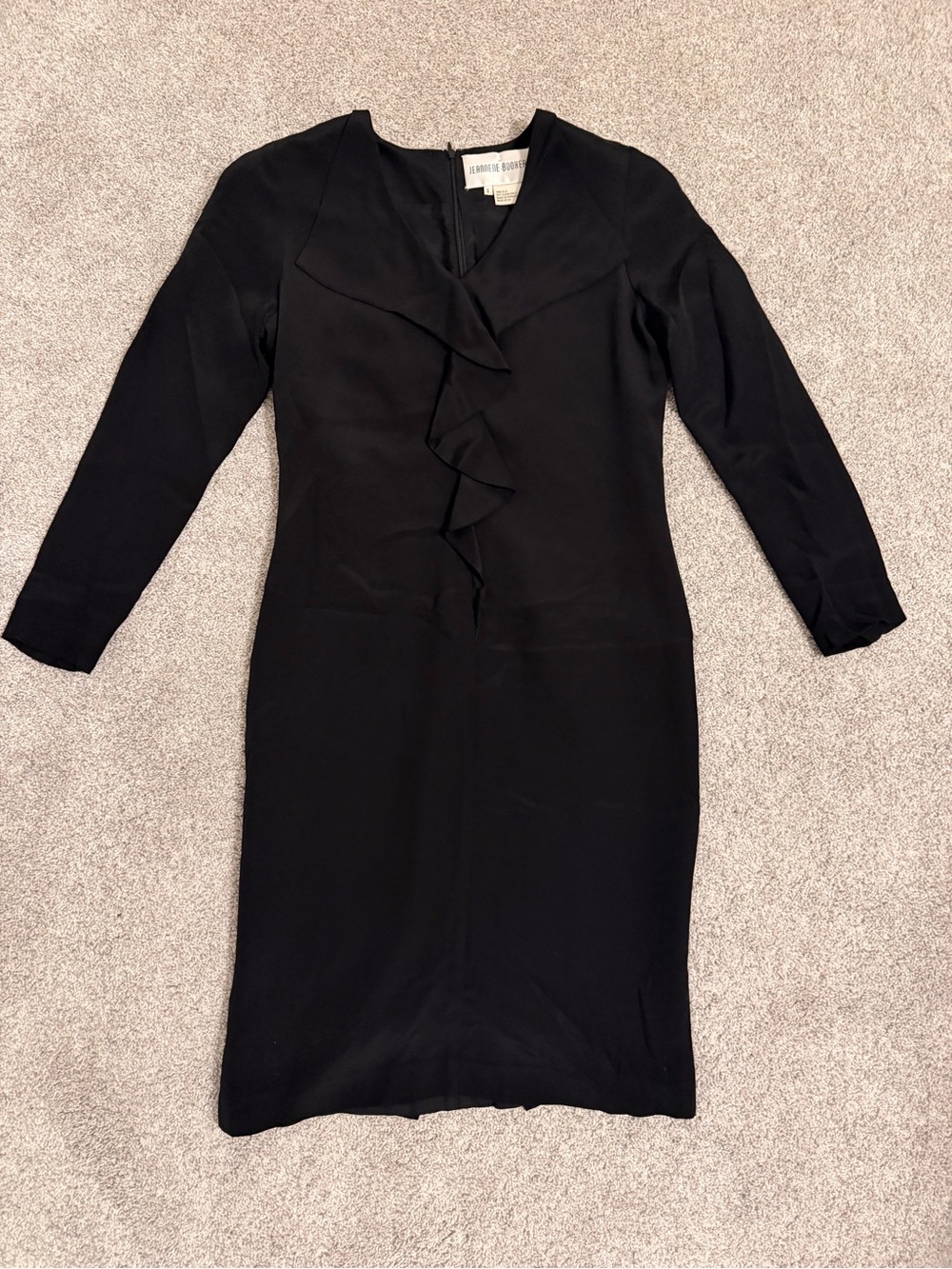 JEANNENE BOOHER Vintage 100% Silk Black Long-Sleeve Sheath Dress Ruffle Front
